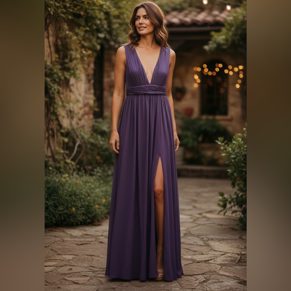 Purple Deep V-Neck Maxi Dress Chiffon Gown with High Side Slit & Rouching Small